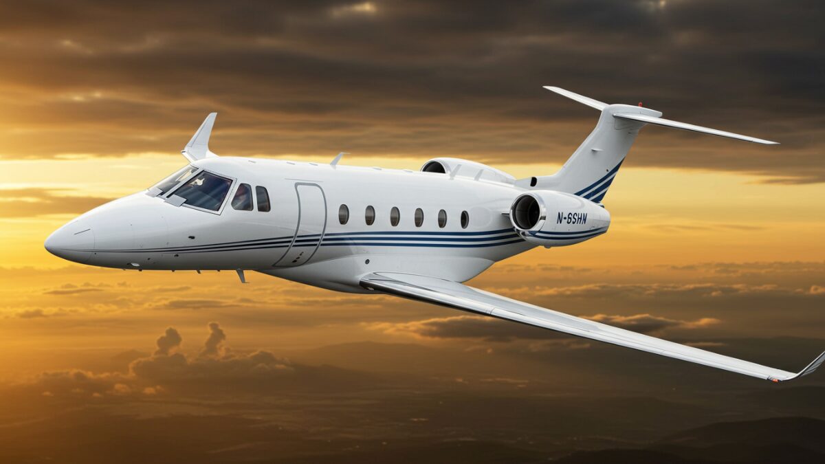 スタイリッシュで高級感のあるプライベートジェットが雲の上を飛行するシーン